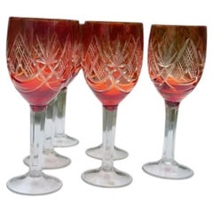 Set of Six Bohemian Ruby Cut-to-Clear Crystal Wine Glasses, 14.4 cm