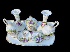 French Limoges HB Porcelain Eight-Piece Dressing Table Set with Pansy Motif