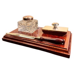 Vintage Polished Hardwood Desk Set with Cut Glass Inkwell and Rocker Blotter