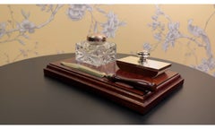 Vintage Polished Hardwood Desk Set with Cut Glass Inkwell and Rocker Blotter