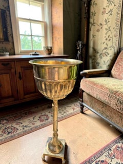 Vintage Brass Pedestal Planter, Fluted Floor Jardiniere on Paw Feet