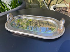 French Silver-Plated Oval Tray with Cast Swan Handles and Glass Liner