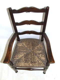 Antique Victorian Turned Wood Ladder-Back Child's Armchair with Rush Seat