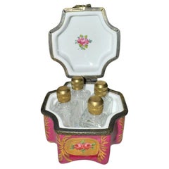 Antique French Porcelain Scent Casket with Four Miniature Glass Perfume Bottles
