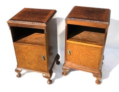 Antique Pair of Queen Anne Style Burr Walnut Bedside Cabinets with Open Shelves