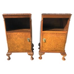 Antique Pair of Queen Anne Style Burr Walnut Bedside Cabinets with Open Shelves