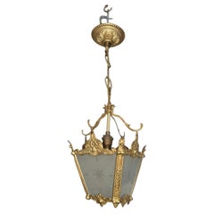 Mid Century French Cast Brass and Cut Frosted Glass Pendant Hall Lantern