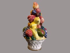 Mid Century Italian Majolica Glazed Ceramic Fruit Topiary Basket Centrepiece