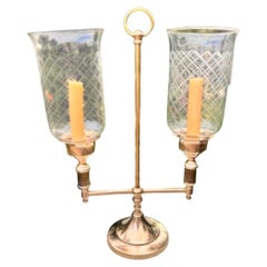 Victorian-Style Brass Two-Arm Student Candle Lamp with Etched Glass Shades