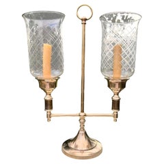 Victorian-Style Brass Two-Arm Student Candle Lamp with Etched Glass Shades