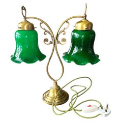 Italian Art Nouveau Style Brass Two-Branch Table Lamp with Green Tulip Shades