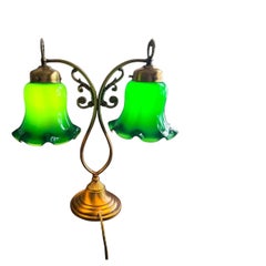 Italian Art Nouveau Style Brass Two-Branch Table Lamp with Green Tulip Shades