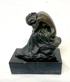 Milo Bronze Seated Nude Female Figure on Polished Black Marble Base