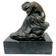 Milo Bronze Seated Nude Female Figure on Polished Black Marble Base