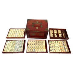 Vintage Chinese Bovine Bone and Bamboo Mahjong Set in Brass-Mounted Case