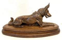 Antique Bronze Model of an Alsatian German Shepherd on Wooden Base
