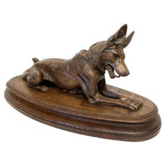 Antique Bronze Model of an Alsatian German Shepherd on Wooden Base