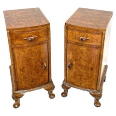 Antique Pair of Art Deco Bow-Fronted Burr Walnut Bedside Cabinets