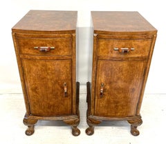 Antique Pair of Art Deco Bow-Fronted Burr Walnut Bedside Cabinets