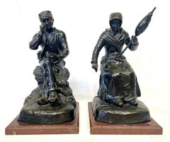 George Maxim: Pair Bronze Figural Sculptures La Filleuse and Le Preneur à Priser