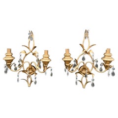 Pair of Vintage Italian Gilt Metal and Carved Wood Two-Light Wall Sconces