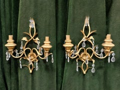 Pair of Vintage Italian Gilt Metal and Carved Wood Two-Light Wall Sconces