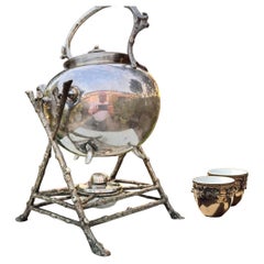 Antique Benetfink & Co Victorian Silver Plated Rustic Spirit Kettle on Stand