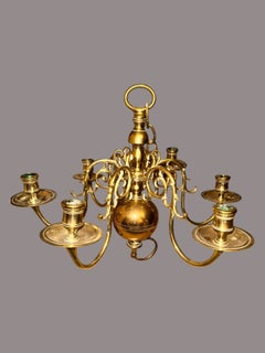 Antique Dutch Flemish Style Six-Light Brass Chandelier with Baluster Stem