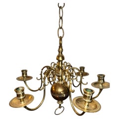 Antique Dutch Flemish Style Six-Light Brass Chandelier with Baluster Stem