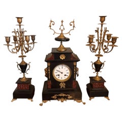 Antique French Black Marble and Gilt Brass Three-Piece Clock Garniture