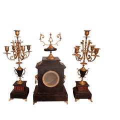 Antique French Black Marble and Gilt Brass Three-Piece Clock Garniture