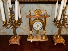 Antique French Portico Mantel Clock Garniture with Matching Candelabras