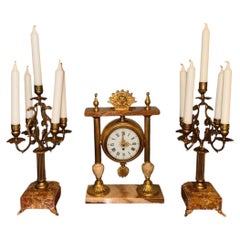 Antique French Portico Mantel Clock Garniture with Matching Candelabras