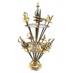 Vintage Toledo Brass and Steel Twelve-Piece Sword Cocktail Skewer Set on Stand