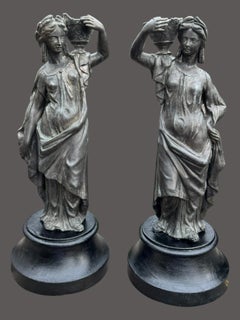 Pair of French Bronzed Spelter Classical Maiden Candlesticks on Turned Socles