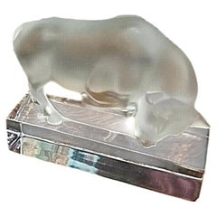 Vintage Lalique Frosted and Clear Crystal Taureau Bull Paperweight Sculpture
