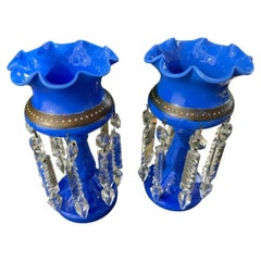 Antique Pair of Victorian Royal Blue Glass Mantle Lustres with Cut Prisms