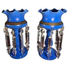Antique Pair of Victorian Royal Blue Glass Mantle Lustres with Cut Prisms