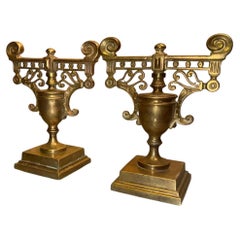 Antique Pair of French Antique Neoclassical Cast Brass Fireside Tool Rests