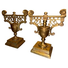 Antique Pair of French Antique Neoclassical Cast Brass Fireside Tool Rests