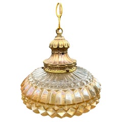 Mid-Century Brass and Moulded Amber Ribbed Glass Pendant Ceiling Light