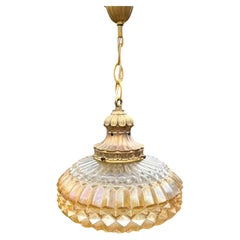 Mid-Century Brass and Moulded Amber Ribbed Glass Pendant Ceiling Light