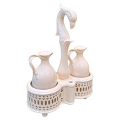 Mid Century Leedsware Reticulated Creamware Cruet Stand and Jugs