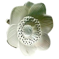 Fermacarte Lalique France con fiore di anemone in cristallo trasparente e smerigliato