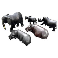 Set of Five Mid Century Hand-Carved African Hardwood Wild Animal Sculptures