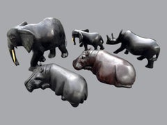 Set of Five Mid Century Hand-Carved African Hardwood Wild Animal Sculptures