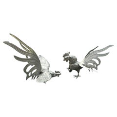 Pair of Italian Silver-Plated Fighting Cockerel Table Ornaments
