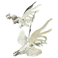 Pair of Italian Silver-Plated Fighting Cockerel Table Ornaments