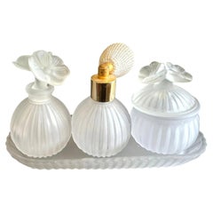 Vintage White Frosted Glass Four-Piece Dressing Table Set with Tray