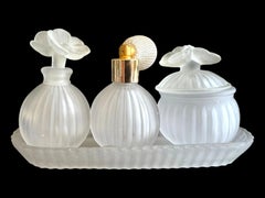 Vintage White Frosted Glass Four-Piece Dressing Table Set with Tray